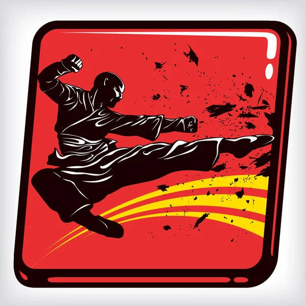 Dynamické Ikony Bojového Umění Karate Obrázek Bojovníka Karatista Červeném Pozadí — Stockový vektor