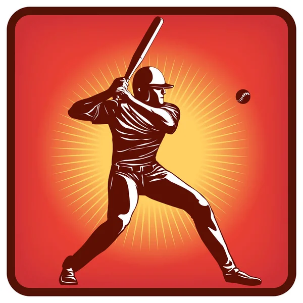 Grafik simge, yarasa ve topu ile beyzbol oyuncusu. Vektör çizim, kırmızı arka plan, simge, beyzbol oyuncusu topa vuruyor. Erkek figürü ile vektör çizim. Beyzbol meyilli. 