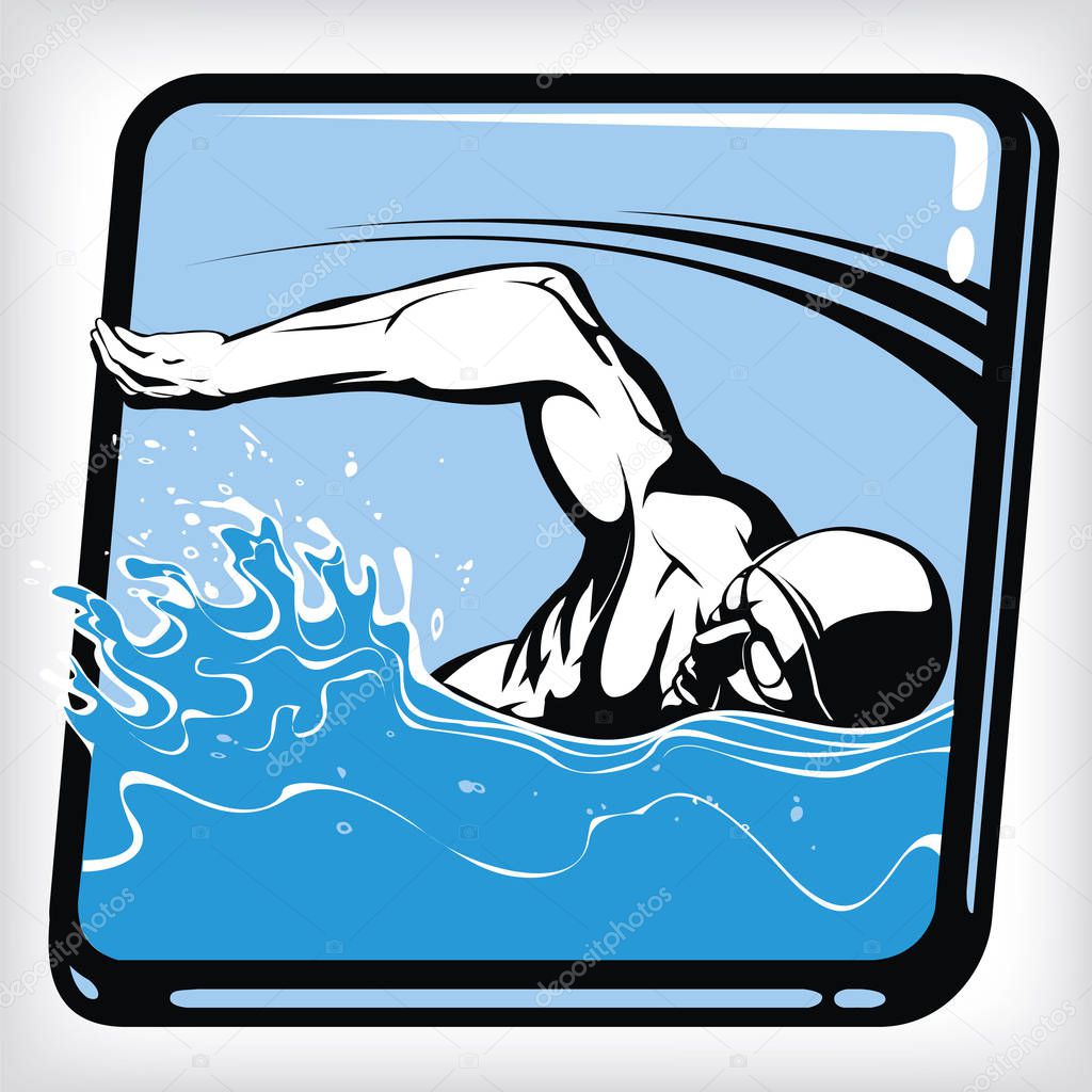 Dynamic icon of swim freestyle. Isolated swimming logo icon with swimmer and waves. Swimmer icon element template design. Freestyle swimmer silhouette. Sport swimming. Vector professional swimming illustration