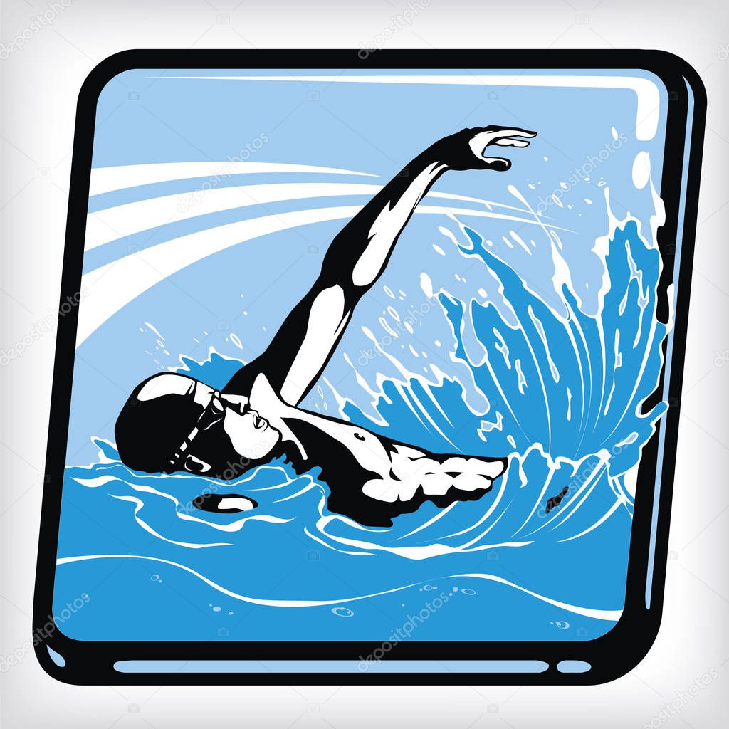 Dynamic icon of swim backstroke. Illustration of man swims in the pool at the backstroke. Swimmer icon element template design. Backstroke swimmer silhouette. Sport swimming. Vector professional swimming illustration