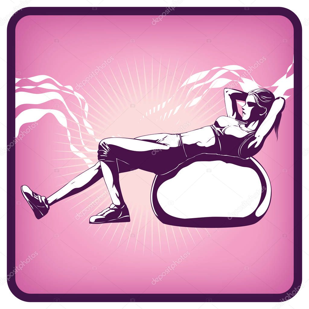 Graphics icon of woman doing pilates. Vector illustration, pink background. Icon for fitness pilates sport. Silhouette young woman practicing yoga. Girl pilates. Emblems for health lifestyle. 