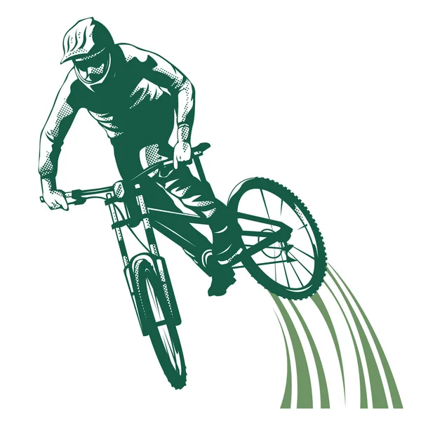 男性骑自行车者 头戴白色背景的头盔 图形插图与骑自行车在行动 文本和街道符号的背景 体育概念 独立图层中的图形元素 — 图库矢量图片