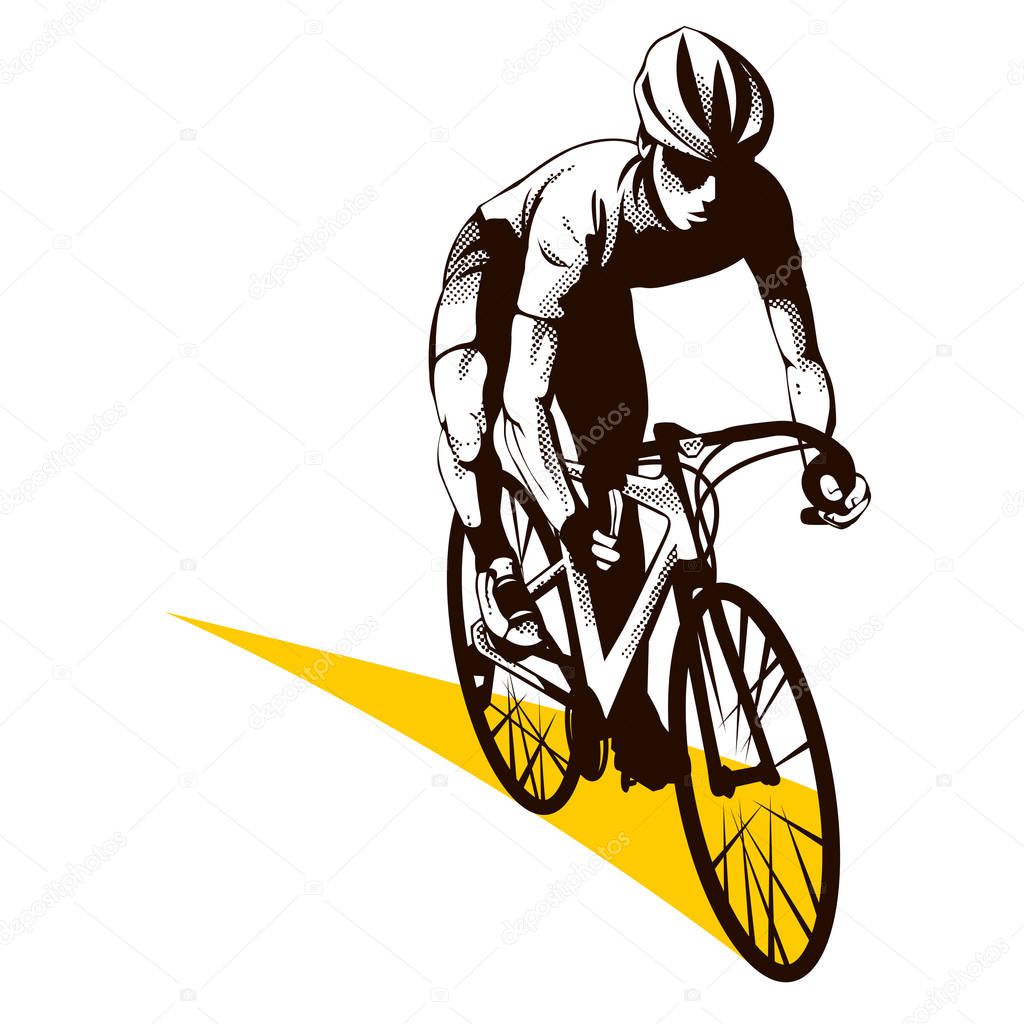 Male cyclist with helmet on white background. Graphic illustration with cyclist in action and yellow trail as a road. Sport concept.