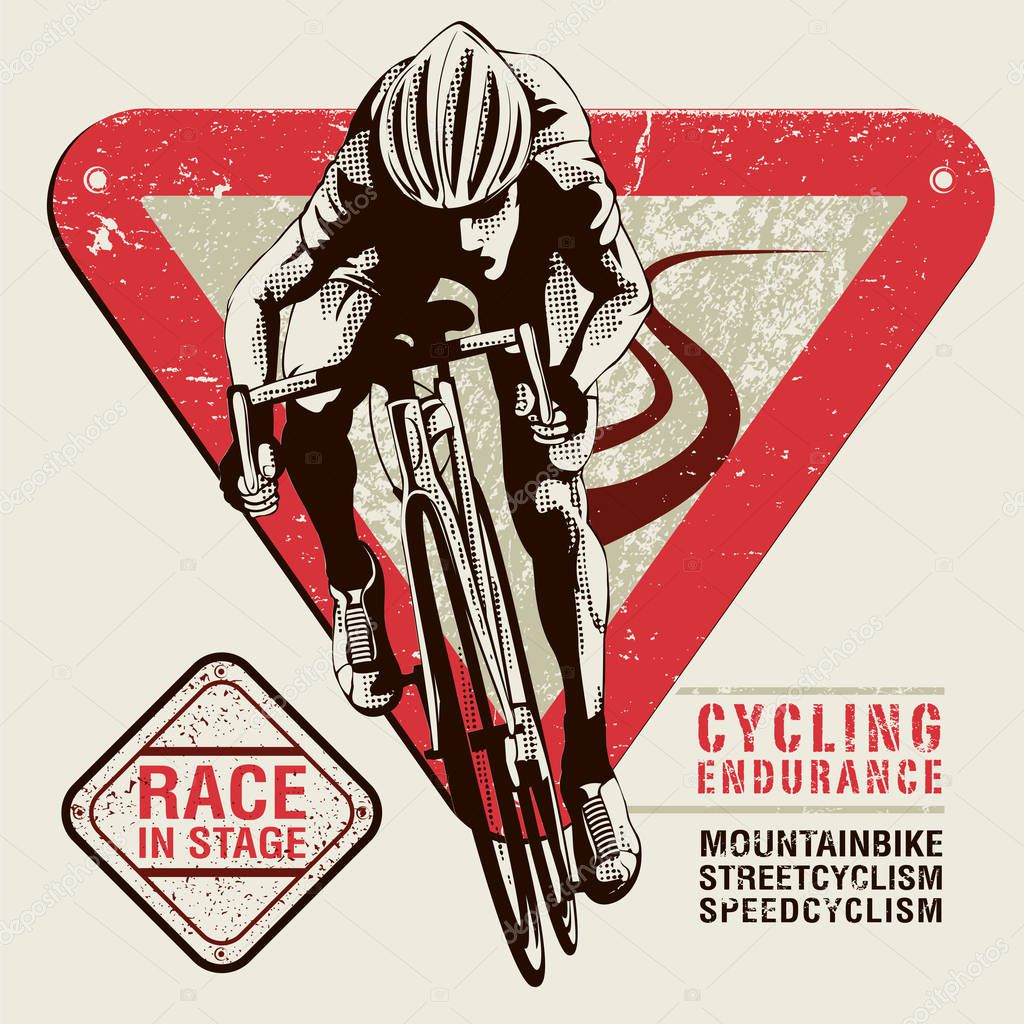 Male cyclist with helmet on graphics background. Graphic illustration with cyclist in action, texts and red street symbol in the background. Sport concept. Graphic element in separate layer.