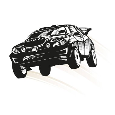 Hızlı otomobil yarışı ve off road ralli araba. Şampiyonluk aşırı ulaşım. Hız işaretleri ile beyaz arka plan üzerinde atlama izole ralli araba İllüstrasyon.