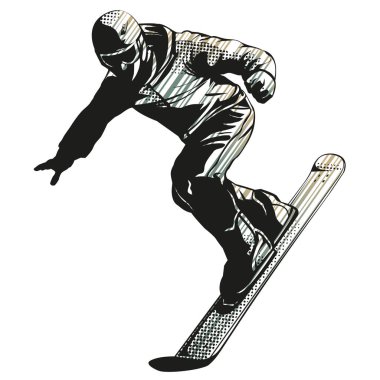 Snowboardcu beyaz arka planda atlıyor. Bir snowboard üzerinde eylem çocuk Vektör illüstrasyon. Snowboard'lu binici. Kış sporları simgesi.