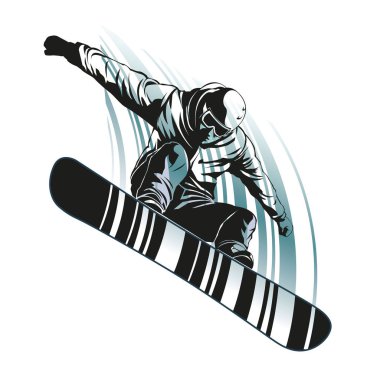 Snowboardcu beyaz arka planda zıplayıp duruyor, ön görünüm. Eylem snowboardcu ile Grafik illüstrasyon. Spor konsepti. Ayrı katmanda grafik öğesi.