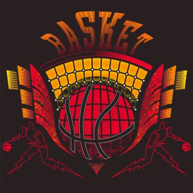 Basketbol topu grafik vektör illüstrasyon, koyu arka plan. Bir basketbol balyası, bir söğüt sepeti ve iki stilize basketbol oyuncuları içeren bir amblem ile Vektör illüstrasyon. Spor illüstrasyon.