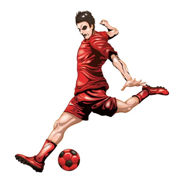 Jogador Futebol Vestindo Uniforme Vermelho Imagem Vetorial Ilustração Bola Chute — Vetor de Stock