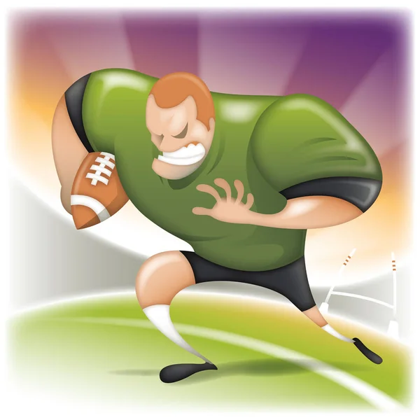 Wściekły Postać Kreskówki Rugby Gracz Akcji Stadionem Tle Ilustracja Zawodnika — Wektor stockowy