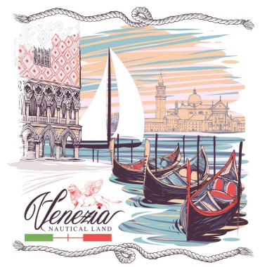 Venezia, Italya grafik arka plan üzerinde deniz arazi, vektör illüstrasyon 