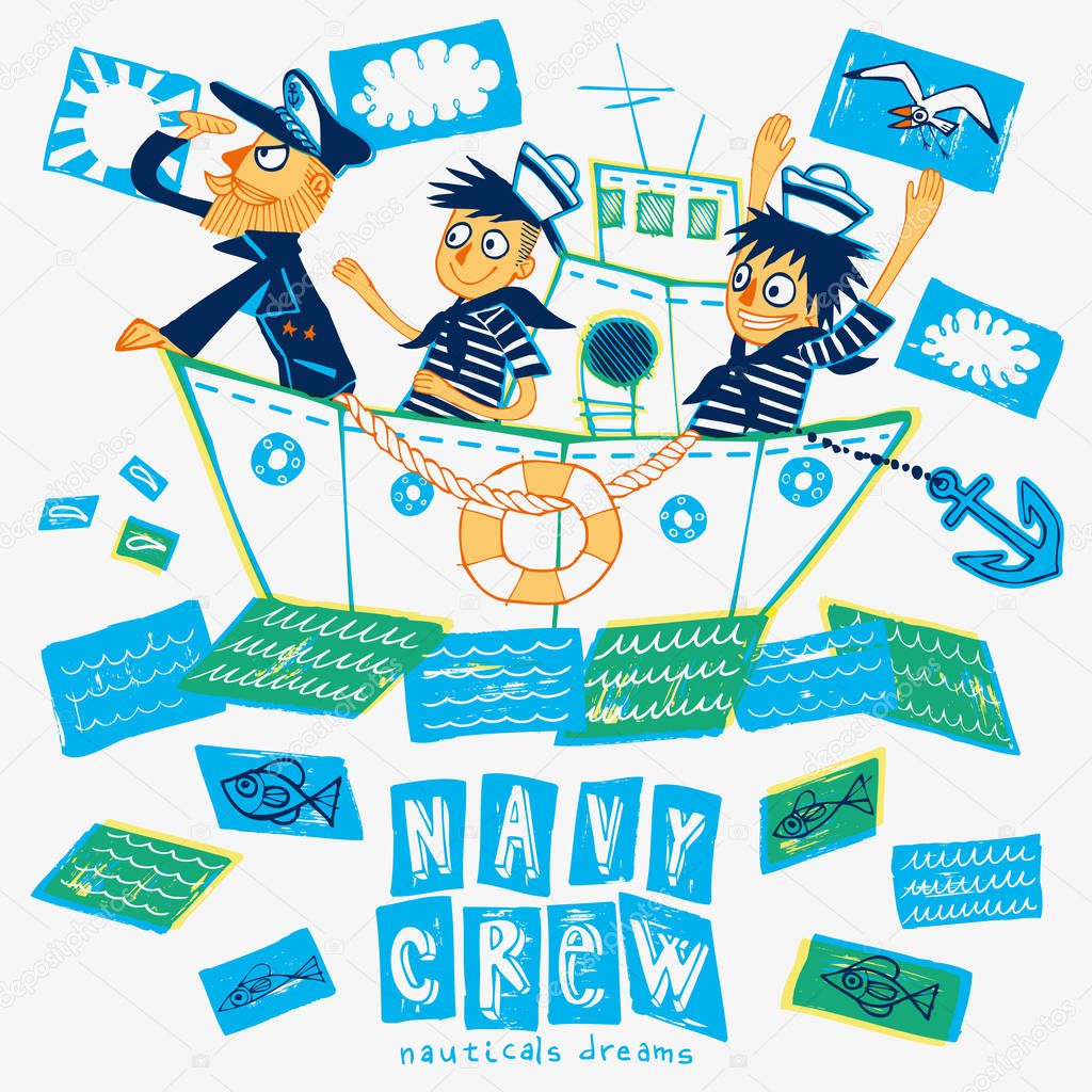 Navy crew with sailors and captain in ocean, vector illustration 