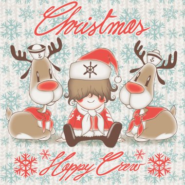 Santa kostüm, vektör illüstrasyon deers ve küçük denizci çocuk 