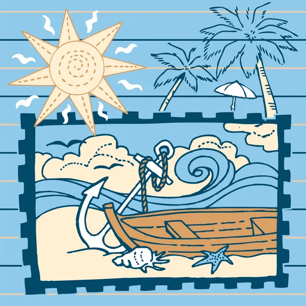 Летняя Сцена Лодкой Пляже Солнцем Пальмой Возле Океана — стоковый вектор