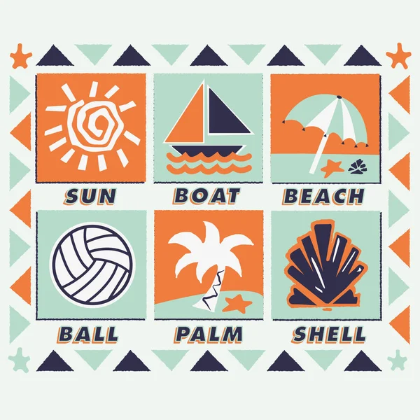Набор Летних Икон Путешествий Надписью Солнце Лодка Пляж Мяч Пальма — стоковый вектор