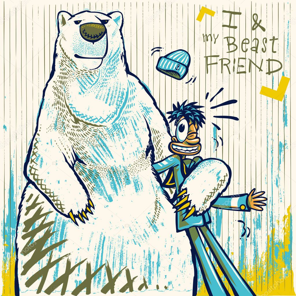 Polar bear and sailor on background i and my best friend, vector illustration 