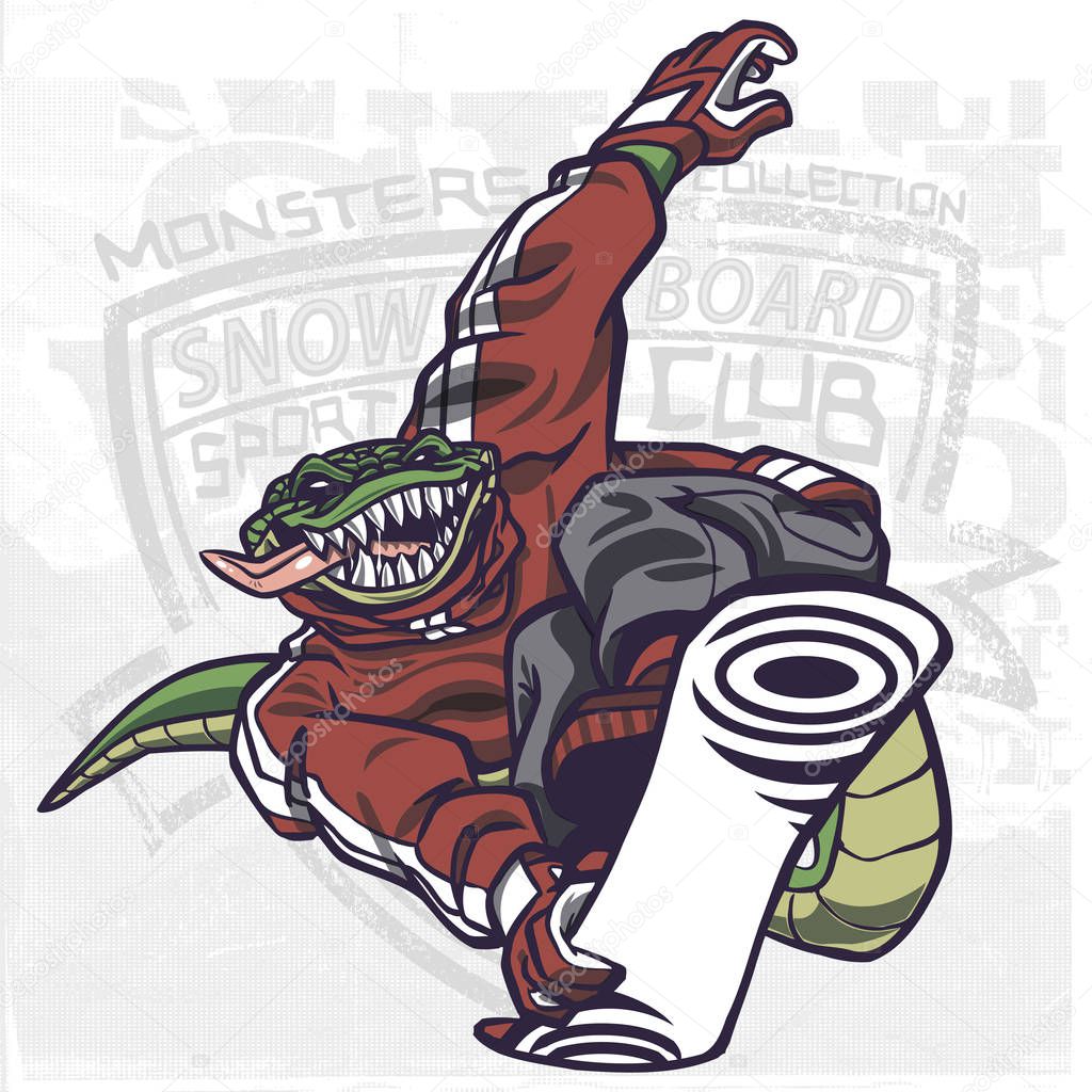 Alligator snowboarding monster on graphic background