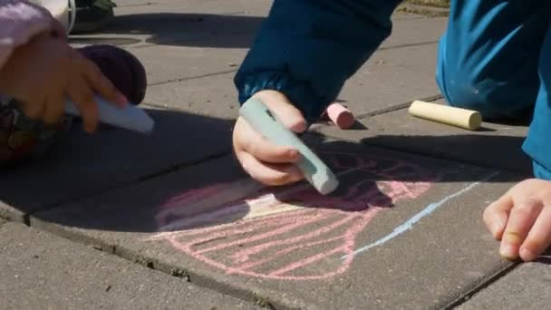 Children Drawing Asphalt Chalks Crayons Close Closeup Shot Two Children — Stock Video