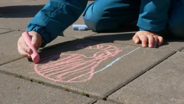 Kind Zeichnet Auf Asphalt Mit Kreiden Buntstiften Nahaufnahme Nahaufnahme Eines — Stockvideo