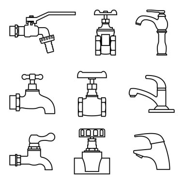 Vana ve musluk Icon set. İnce çizgi vektör çizim