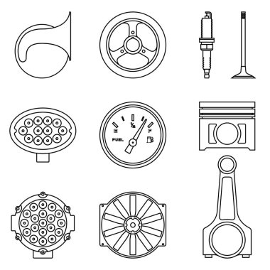 Araba parçaları simgesi ayarlayın. İnce çizgi vektörü