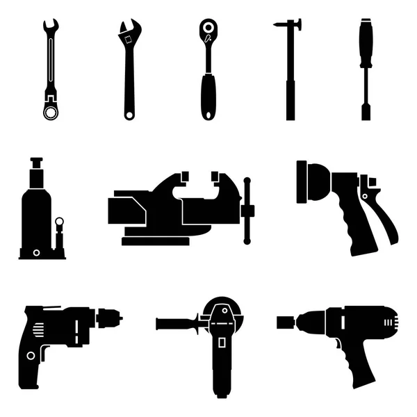 Handwerkzeuge und Elektrowerkzeuge. Silhouettenvektorsymbole — Stockvektor