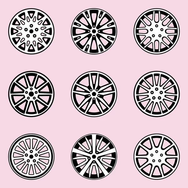 Llantas de rueda de coche sobre fondo rosa. Iconos de vector plano — Vector de stock