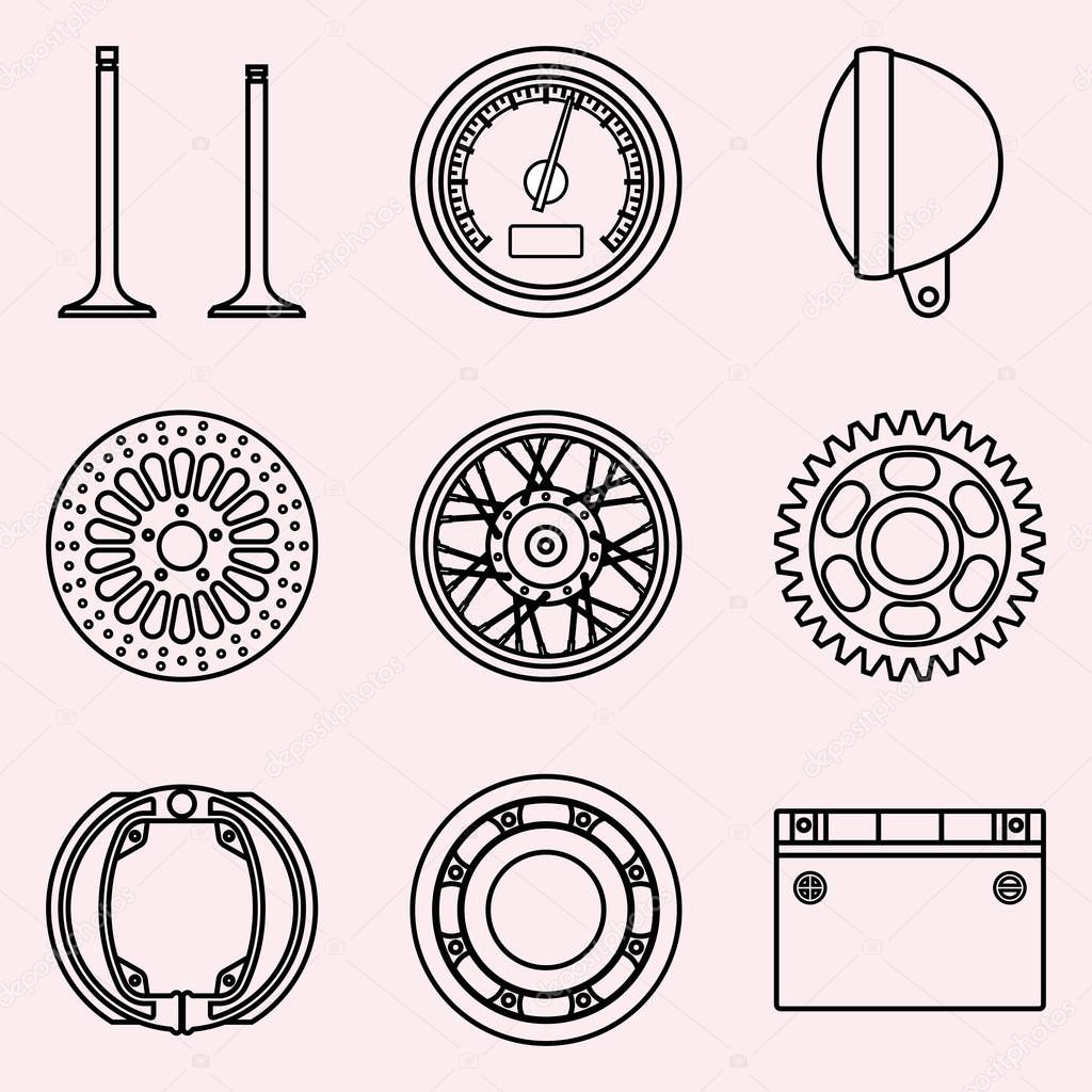 Set of motorcycle parts icons. Thin line vector
