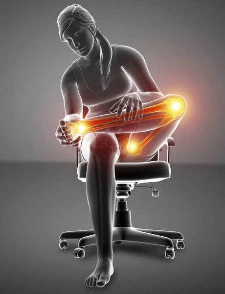 坐在椅子女性剪影与腿部疼痛 数字插图 — 图库照片