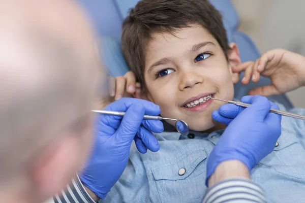 Elementary Age Boy Smiling While Having Dental Check — Stock Photo, Image