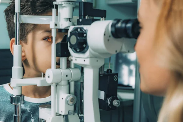 Ophthalmologist Examining Boy Eyes Slit Lamp Clinic — Stock Photo, Image