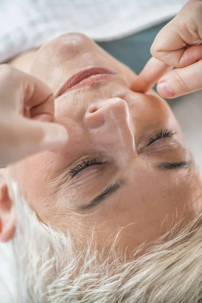 Marma Therapy Senior Woman Lying Massage Table Enjoying Ayurveda Facial — Stock Photo, Image