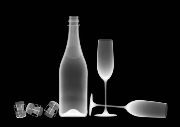 Sparkling Wine Bottle Glasses Corks Ray — Stock Photo, Image