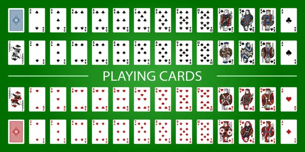 Yeşil arka planda izole edilmiş kartlarla poker seti. Poker kartları, tam deste.