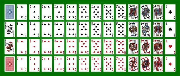 Yeşil arka planda izole edilmiş kartlarla poker seti. Poker kartları, tam deste.