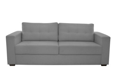 Beyaz arka planda üç koltuk renkli kumaş kanepe.