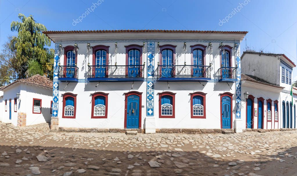 Street and old portuguese colonial houses in historic downtown in Paraty, state Rio de Janeiro, Brazil