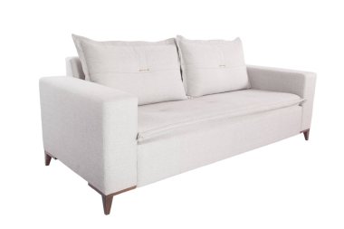 Beyaz arka planda izole edilmiş üç koltuklu bej kumaş kanepe