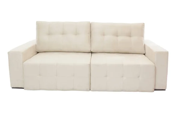 Drei Sitze Gemütliche Beige Stoff Sofa Isoliert Auf Weißem Hintergrund — Stockfoto