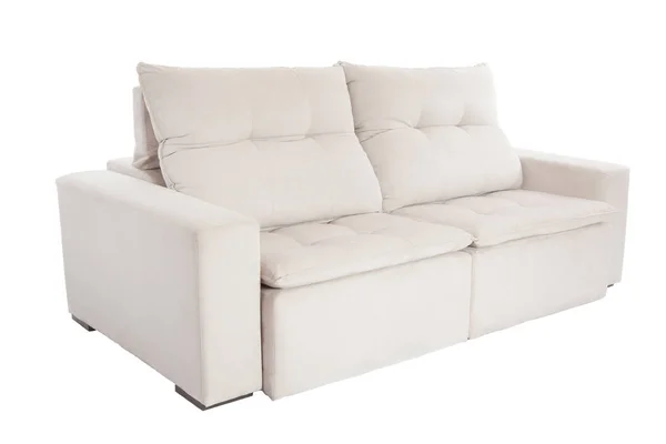 Drei Sitze Gemütliche Beige Stoff Sofa Isoliert Auf Weißem Hintergrund — Stockfoto