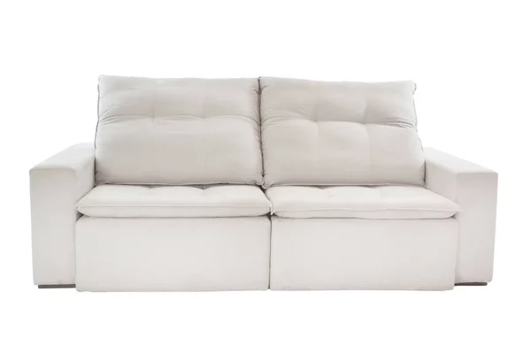 Drei Sitze Gemütliche Beige Stoff Sofa Isoliert Auf Weißem Hintergrund — Stockfoto