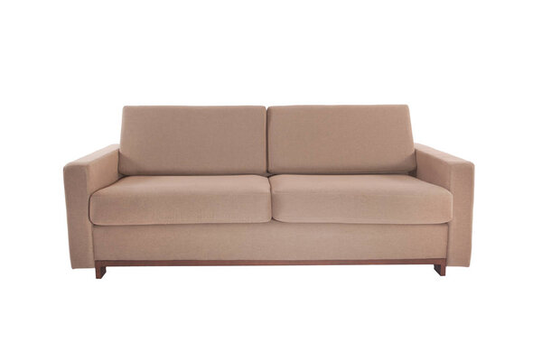 Three seats cozy brown fabric sofa isolated on white background