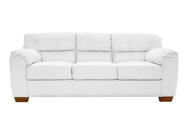 Three Seats Cozy White Leather Sofa Isolated White Background — Stock Photo, Image