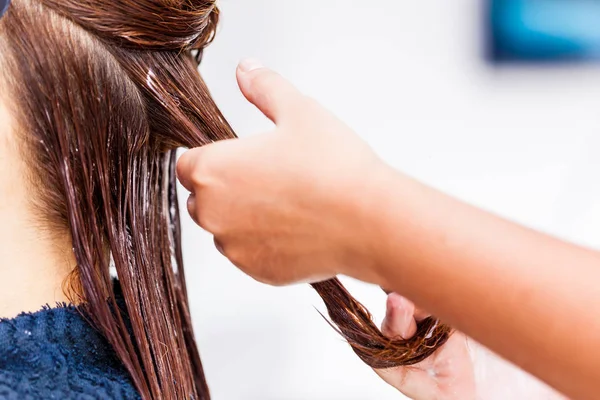 Tratamento Cabelo Cabeleireiro Aplicação Creme Cor Cabelo — Fotografia de Stock