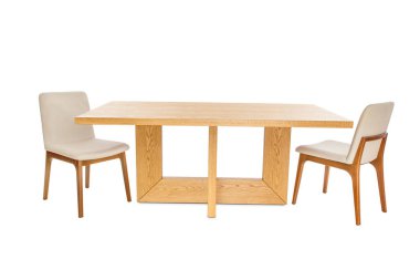 Ahşap modern masa sandalye beyaz arka plan üzerinde izole ile.