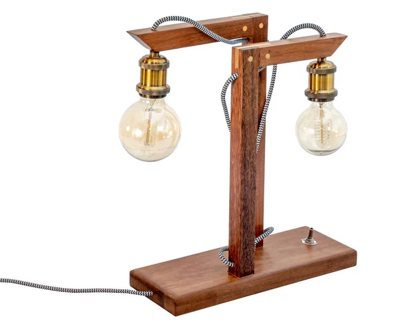 Tischlampe Aus Rustikalem Holz Mit Kleinem Weißen Lampenschirm Isoliert Auf — Stockfoto