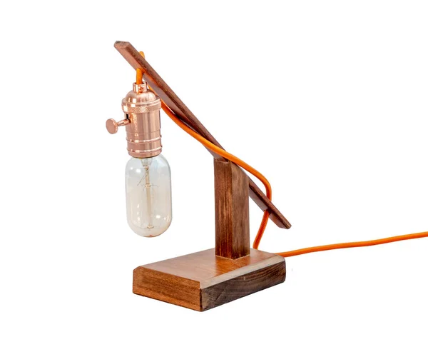 Tischlampe Aus Rustikalem Holz Mit Kleinem Weißen Lampenschirm Isoliert Auf — Stockfoto