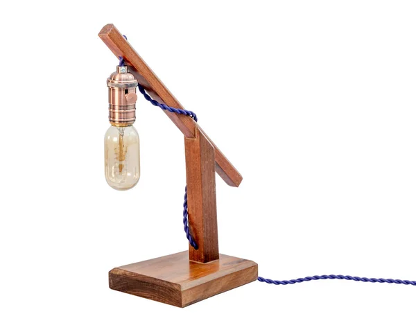 Tischlampe Aus Rustikalem Holz Mit Kleinem Weißen Lampenschirm Isoliert Auf — Stockfoto
