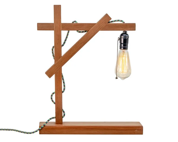 Tischlampe Aus Rustikalem Holz Mit Kleinem Weißen Lampenschirm Isoliert Auf — Stockfoto