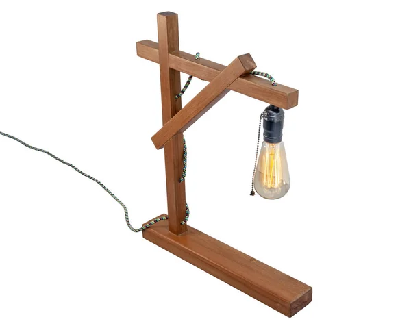 Tischlampe Aus Rustikalem Holz Mit Kleinem Weißen Lampenschirm Isoliert Auf — Stockfoto